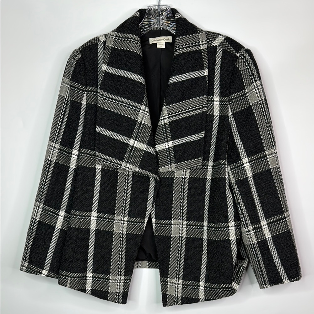 Coldwater Creek Black White Plaid Wool Blend Snap Closure Blazer Jacket Size 14